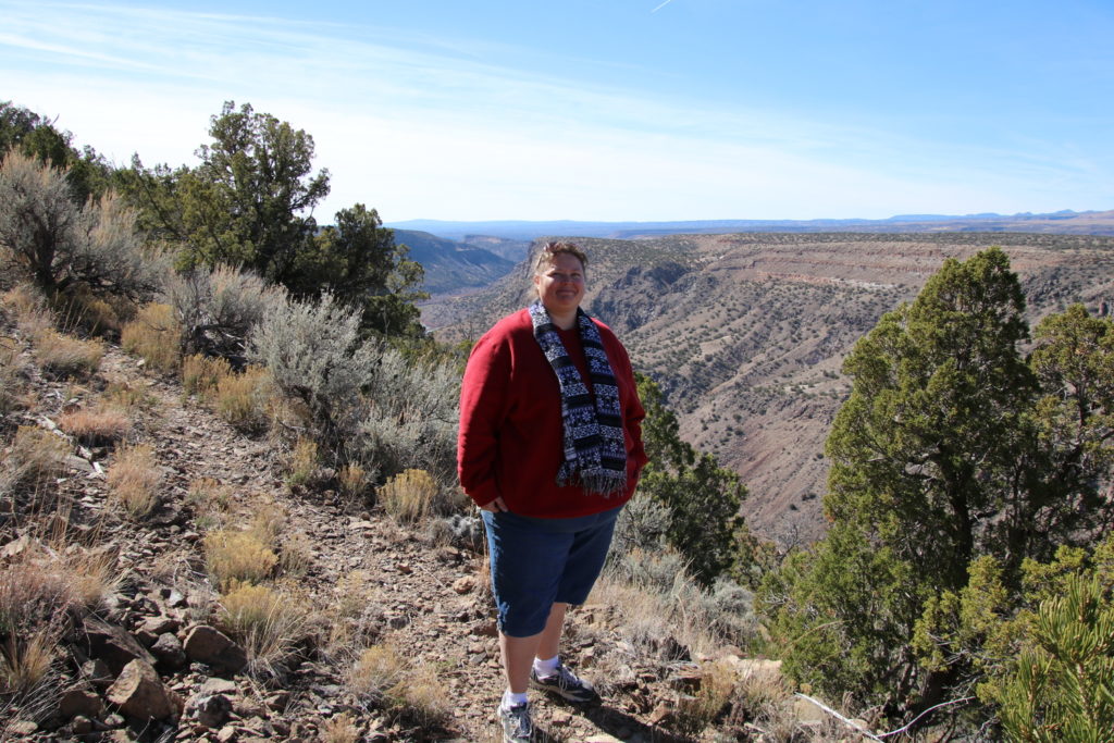 Denise at Frijole overlook with White Rock canyon in background.