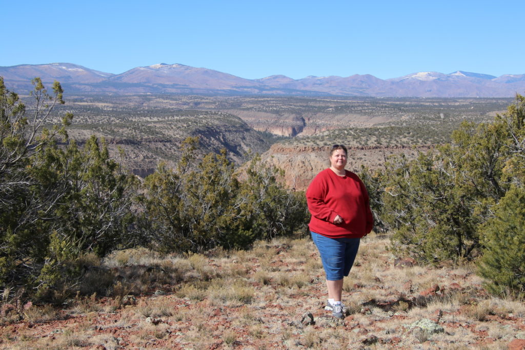 Denise with Frijole Canyon in the background.